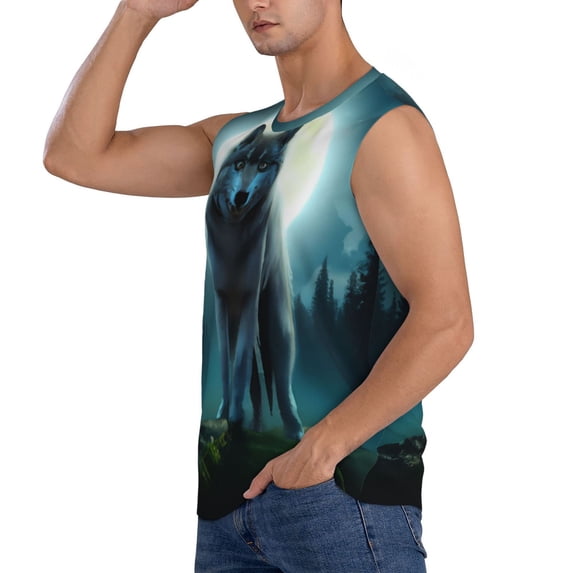 Uemuo Wolf Pattern Men's Sleeveless T-Shirt,Muscle Athletic Tank Top, Moisture-wicking Quick-dry Breathable Classic Tee Top for Gym Run Outdoor Sports-Medium