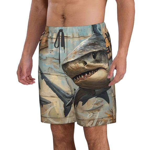 Uemuo Wood Grain Shark Pattern Men's Swim Trunks Hawaiian Beach Bathing Suit Swimsuits Beach Quick-Dry Shorts with Pockets-3X-Large