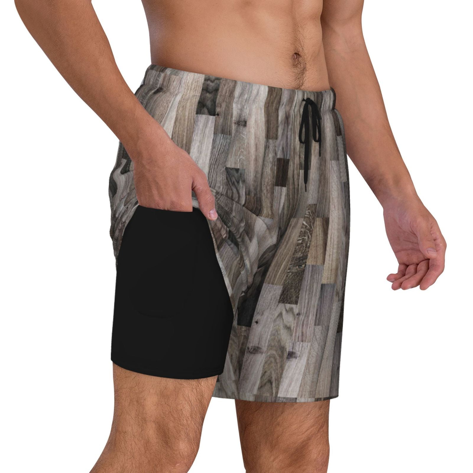 Uemuo Wooden Texture Pattern Mens Swim Trunks Quick Dry Board Shorts