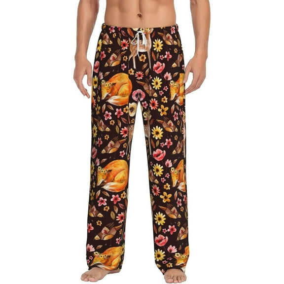 Uemuo Woodland Creatures Floral Pattern Men's Wide Leg Palazzo Lounge Pants with Pockets Light Weight Loose Comfy Casual Pajama Pants-Small