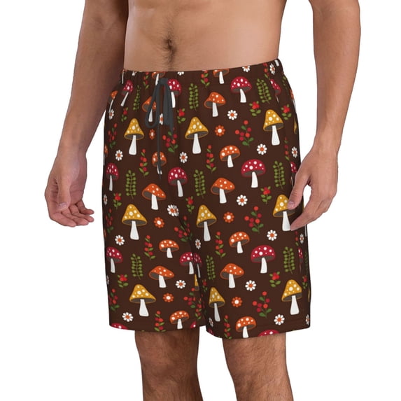 Uemuo Woodland Mushroom with Flowers and Berries Pattern Men's Swim Trunks Hawaiian Beach Bathing Suit Swimsuits Beach Quick-Dry Shorts with Pockets-