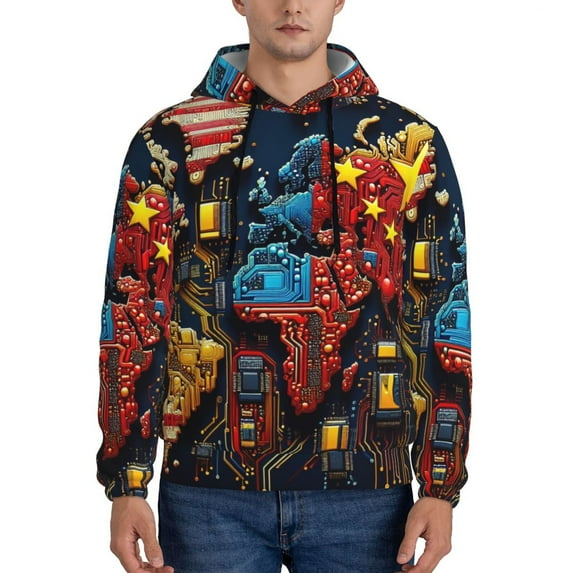 Uemuo World Map Of Digital Circuits Pattern Men's Hoodie - Casual Pullover Hoodie with Kangaroo Pocket, Stylish Hooded Sweatshirt for Everyday Wear-Medium