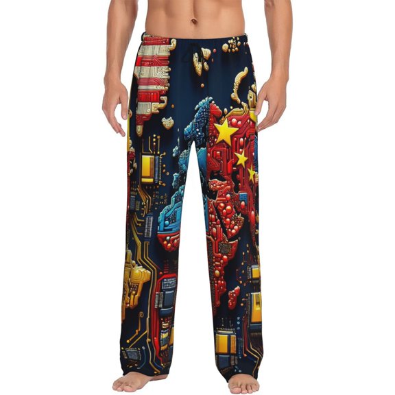 Uemuo World Map Of Digital Circuits Pattern Men's Wide Leg Palazzo Lounge Pants with Pockets Light Weight Loose Comfy Casual Pajama Pants-Small