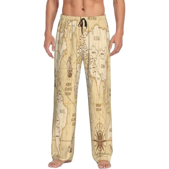 Uemuo World Map Pattern Men's Wide Leg Palazzo Lounge Pants with Pockets Light Weight Loose Comfy Casual Pajama Pants-Medium