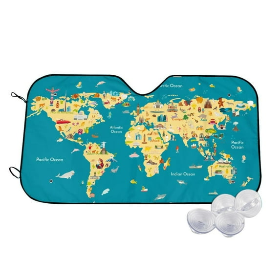 Uemuo World Map With Landmarks Pattern Accordion Car Windshield Sun Shade, Foldable Reflective Sun Visor for Car, Reflector Windshield Sunshade-Medium