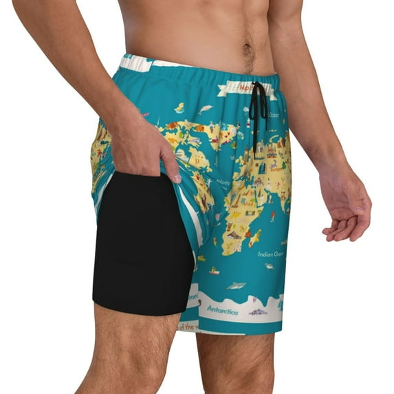 Uemuo World Map With Landmarks Pattern Mens Swim Trunks Quick Dry Board Shorts with Mesh Lining, Stretch Beach Shorts Quick Dry No-Chafing Board Shorts-
