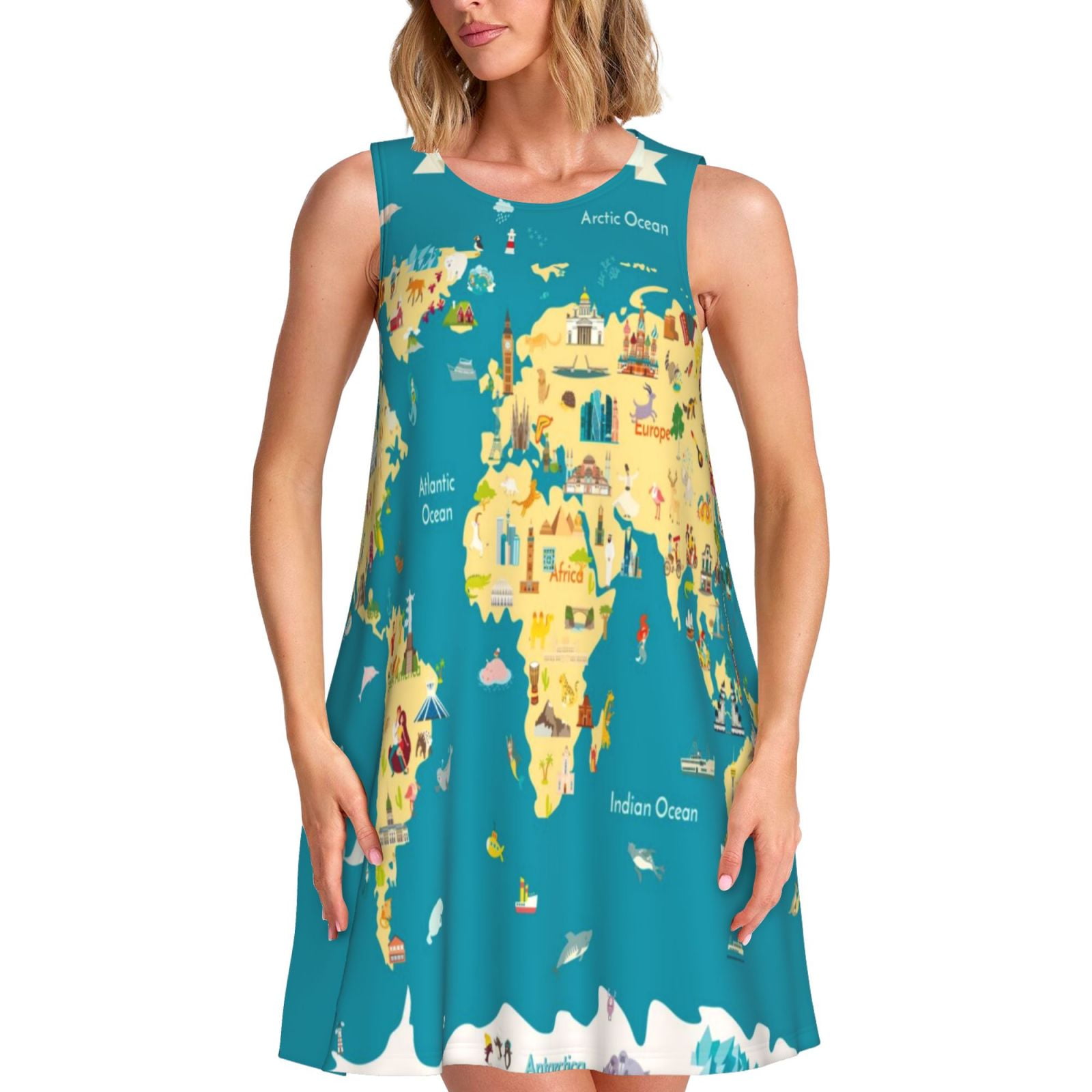 Uemuo World Map With Landmarks Pattern Women’s Sleeveless Dress ...
