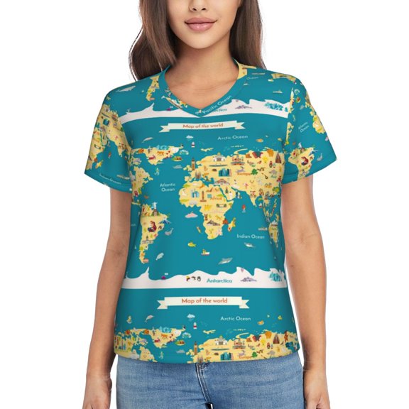 Uemuo World Map With Landmarks Printed Women's Classic V-Neck T-Shirt - Soft, Breathable, Moisture-Wicking, Perfect for Casual, Office, Travel, and Everyday Wear-Small