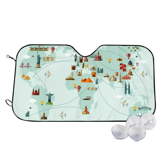 Uemuo World Travel Map Pattern Accordion Car Windshield Sun Shade, Foldable Reflective Sun Visor for Car, Reflector Windshield Sunshade-Small
