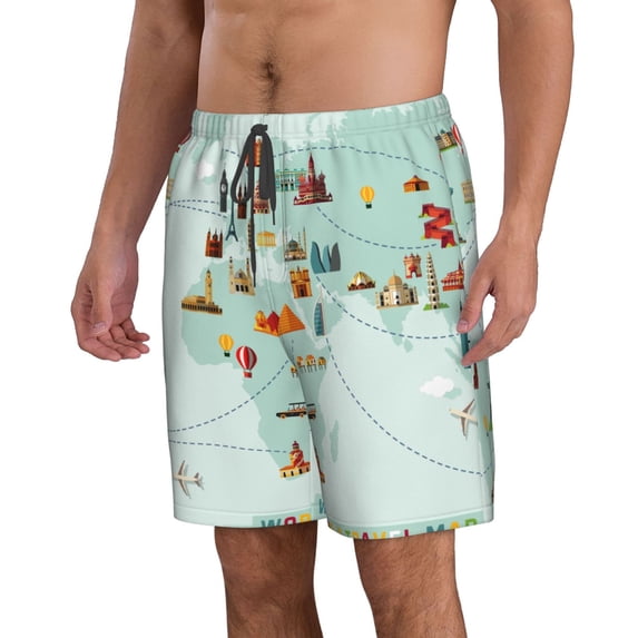 Uemuo World Travel Map Pattern Men's Swim Trunks Hawaiian Beach Bathing Suit Swimsuits Beach Quick-Dry Shorts with Pockets-