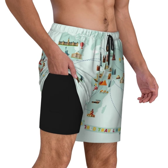Uemuo World Travel Map Pattern Mens Swim Trunks Quick Dry Board Shorts with Mesh Lining, Stretch Beach Shorts Quick Dry No-Chafing Board Shorts-