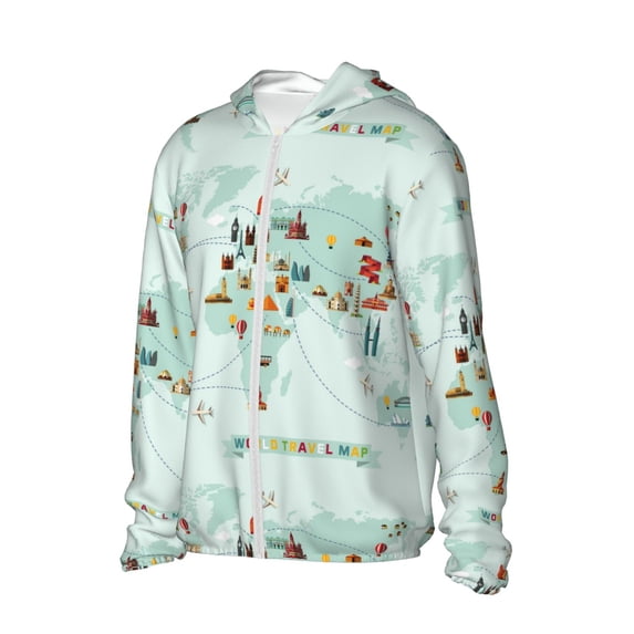 Uemuo World Travel Map Pattern Women's Full Zip UPF 50+ Sun Protection Hoodie Jacket Long Sleeve Sun Shirt Hiking Outdoor Performance with Pockets-