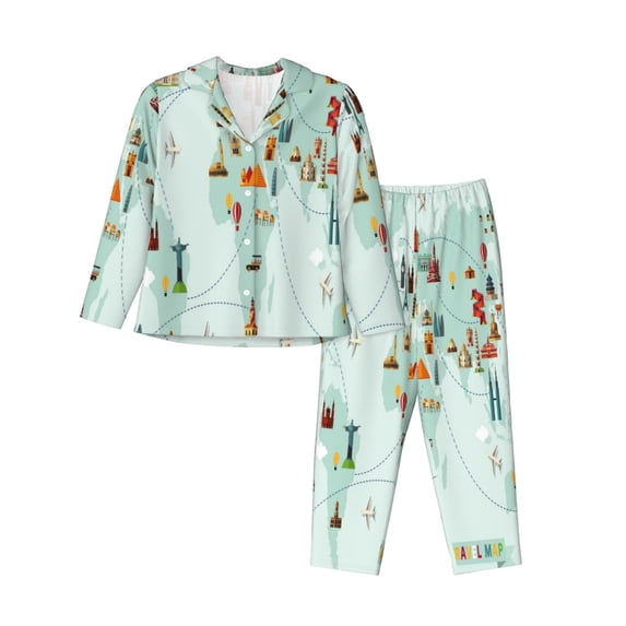 Uemuo World Travel Map Pattern Womens Pajama Sets,PJ Set for Women,Pajamas for Women Logo,Long Sleeve Pajama Set for Women,Soft Long Sleeve Top With Pants-Large