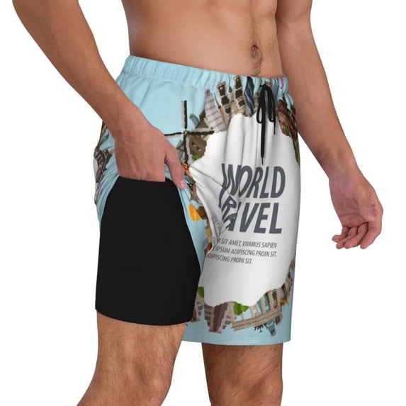 Uemuo World Travel Pattern Mens Swim Trunks Quick Dry Board Shorts with Mesh Lining, Stretch Beach Shorts Quick Dry No-Chafing Board Shorts-Large