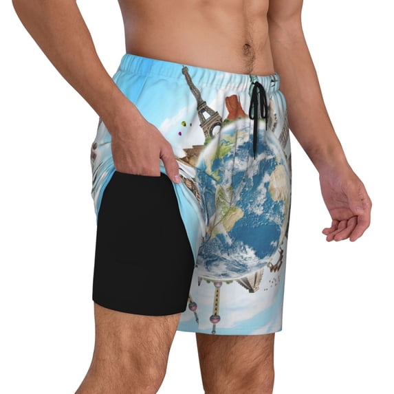 Uemuo World Travel Pattern Mens Swim Trunks Quick Dry Board Shorts with Mesh Lining, Stretch Beach Shorts Quick Dry No-Chafing Board Shorts-Large