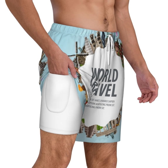 Uemuo World Travel Pattern Mens Swim Trunks Quick Dry Board Shorts with Mesh Lining, Stretch Beach Shorts Quick Dry No-Chafing Board Shorts-Large