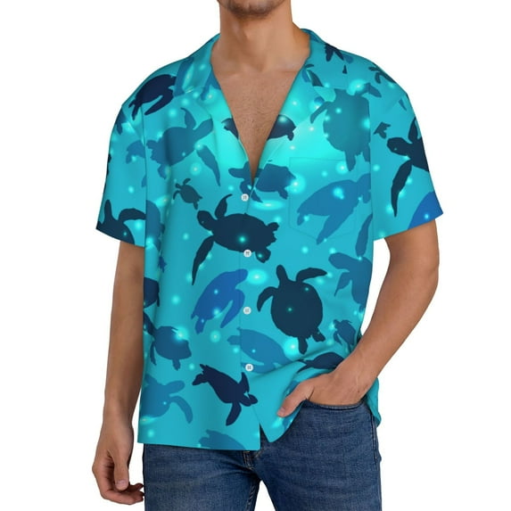Uemuo World Turtle Day Pattern Cotton Linen Short Sleeve Shirts,Casual Lightweight Button Down Shirts,Vacation Beach Summer Tops-Large