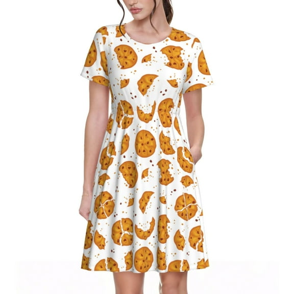 Uemuo Yellow Biscuit Print Womens Summer Dress Casual Swing Short Sleeve Sundresses Beach A-line Shift Dress