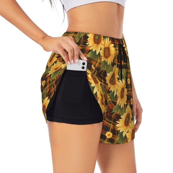 Uemuo Yellow Black Plaid Sunflower Pattern Women's Athletic Shorts High Waisted Running Shorts with Liner Pockets Gym Elastic Workout Shorts-X-Large