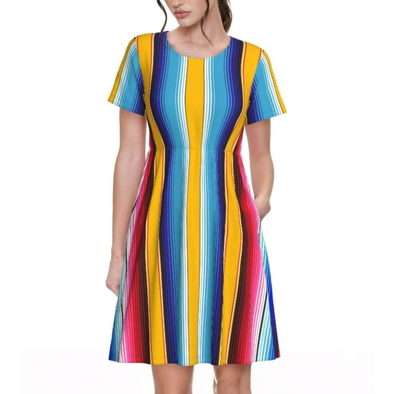 Uemuo Yellow Blue Mexican Blanket Stripes Print Womens Summer Dress Casual Swing Short Sleeve Sundresses Beach A-line Shift Dress
