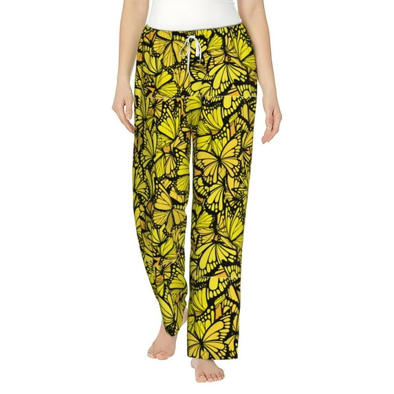 Uemuo Yellow Butterflies Pattern Women's Wide Leg Palazzo Lounge Pants with Pockets Light Weight Loose Comfy Casual Pajama Pants-Medium