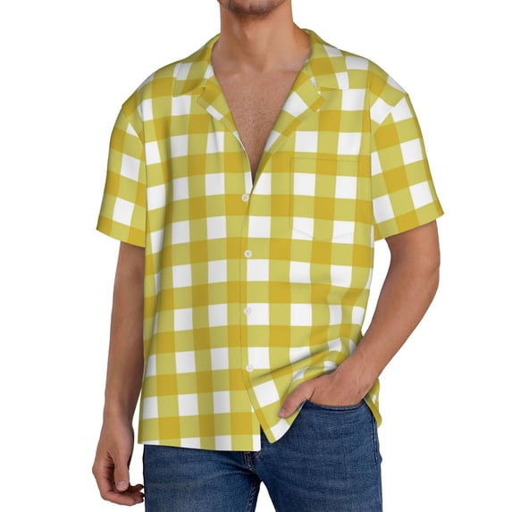 Uemuo Yellow Checkboard Pattern Cotton Linen Short Sleeve Shirts,Casual Lightweight Button Down Shirts,Vacation Beach Summer Tops-X-Large