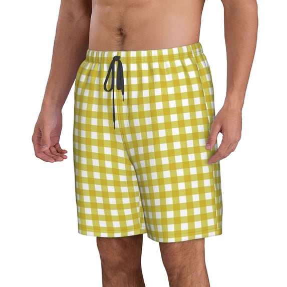 Uemuo Yellow Checkboard Pattern Men's Swim Trunks Hawaiian Beach Bathing Suit Swimsuits Beach Quick-Dry Shorts with Pockets-3X-Large