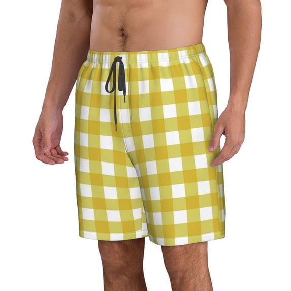 Uemuo Yellow Checkboard Pattern Men's Swim Trunks Hawaiian Beach Bathing Suit Swimsuits Beach Quick-Dry Shorts with Pockets-