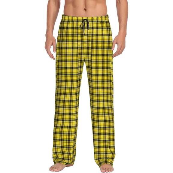 Uemuo Yellow Checkered Plaid Pattern Men's Wide Leg Palazzo Lounge Pants with Pockets Light Weight Loose Comfy Casual Pajama Pants-Small