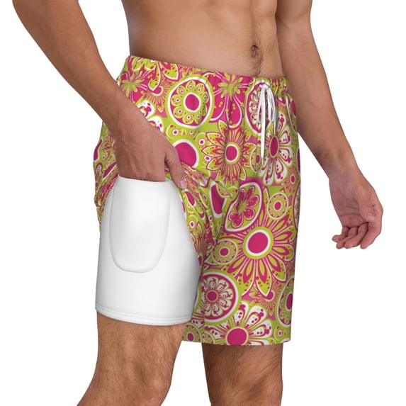 Uemuo Yellow Flowers Pattern Mens Swim Trunks Quick Dry Board Shorts with Mesh Lining, Stretch Beach Shorts Quick Dry No-Chafing Board Shorts-3X-Large