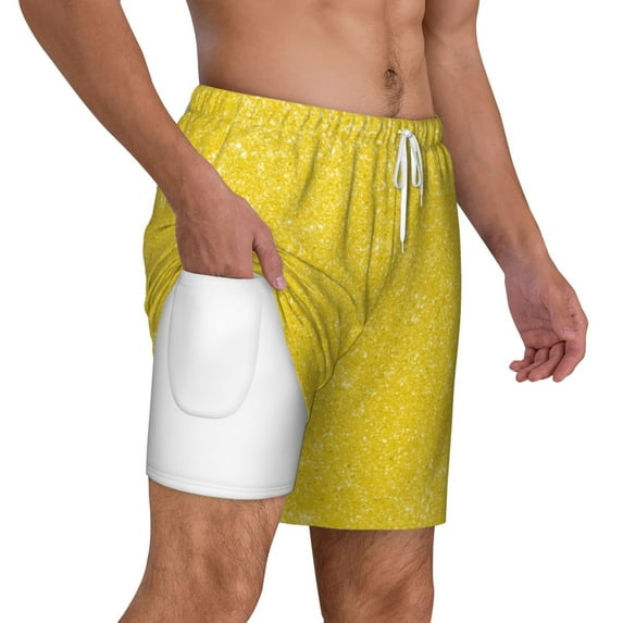 Uemuo Yellow Glitter Pattern Mens Swim Trunks Quick Dry Board Shorts with Mesh Lining, Stretch Beach Shorts Quick Dry No-Chafing Board Shorts-XX-Large