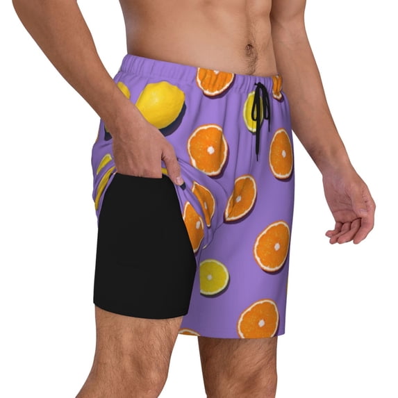 Uemuo Yellow Lemon And Orange Pattern Mens Swim Trunks Quick Dry Board Shorts with Mesh Lining, Stretch Beach Shorts Quick Dry No-Chafing Board Shorts-3X-Large
