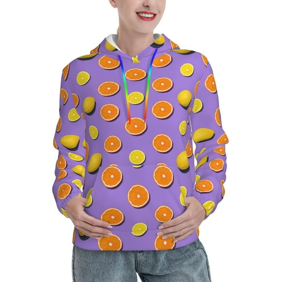 Uemuo Yellow Lemon And Orange Pattern Women's Hoodie with Eye-catching Drawstrings- Casual Pullover Hoodie with Kangaroo Pocket, Stylish Hooded Sweatshirt-Large
