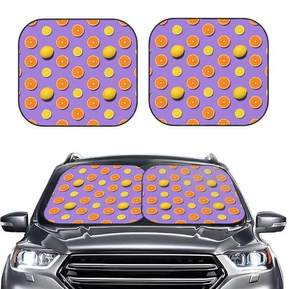 Uemuo Yellow Lemon And Orange Printed 2 PCS Car Windshield Sun Shade, Auto Sun Heat and UV Rays Blocker, Foldable Automotive Front Window Sunshade Protector