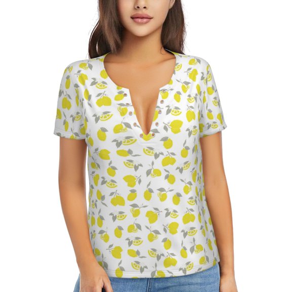 Uemuo Yellow Lemon Leaves Drawing Women's Deep V-Neck Low Cut Tops - Casual Loose Fit with Stainless Steel Loop, Soft, Breathable, Perfect for Office, Travel, and Daily Wear-Medium