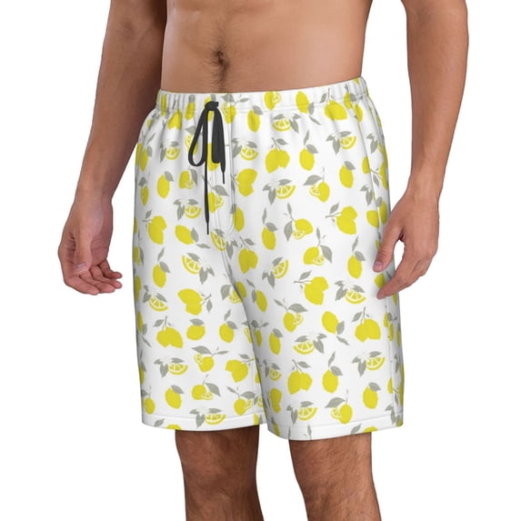 Uemuo Yellow Lemon Leaves Pattern Men's Swim Trunks Hawaiian Beach Bathing Suit Swimsuits Beach Quick-Dry Shorts with Pockets-Small