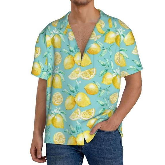Uemuo Yellow Lemon Pattern Cotton Linen Short Sleeve Shirts,Casual Lightweight Button Down Shirts,Vacation Beach Summer Tops-3X-Large
