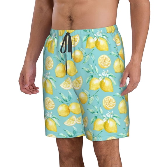 Uemuo Yellow Lemon Pattern Men's Swim Trunks Hawaiian Beach Bathing Suit Swimsuits Beach Quick-Dry Shorts with Pockets-X-Large