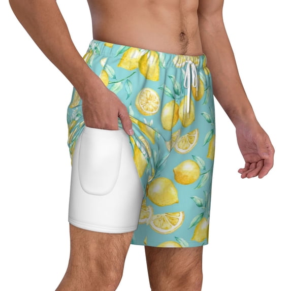 Uemuo Yellow Lemon Pattern Mens Swim Trunks Quick Dry Board Shorts with Mesh Lining, Stretch Beach Shorts Quick Dry No-Chafing Board Shorts-Large