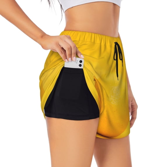Uemuo Yellow Lemon Pattern Women's Athletic Shorts High Waisted Running Shorts with Liner Pockets Gym Elastic Workout Shorts-Medium