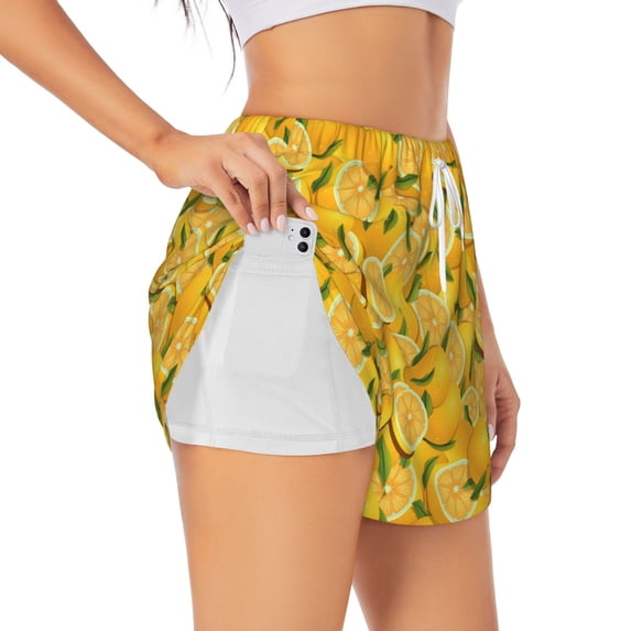 Uemuo Yellow Limes Pattern Women's Athletic Shorts High Waisted Running Shorts with Liner Pockets Gym Elastic Workout Shorts-Medium