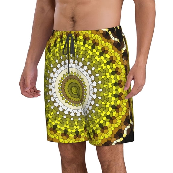 Uemuo Yellow Mandala Pattern Men's Swim Trunks Hawaiian Beach Bathing Suit Swimsuits Beach Quick-Dry Shorts with Pockets-XX-Large