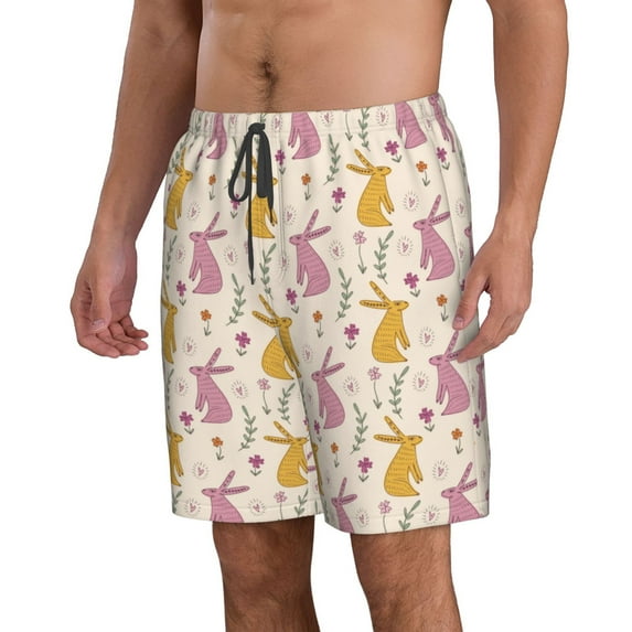 Uemuo Yellow Pueple Rabbit Pattern Men's Swim Trunks Hawaiian Beach Bathing Suit Swimsuits Beach Quick-Dry Shorts with Pockets-Small