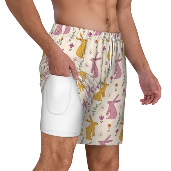 Uemuo Yellow Pueple Rabbit Pattern Mens Swim Trunks Quick Dry Board Shorts with Mesh Lining, Stretch Beach Shorts Quick Dry No-Chafing Board Shorts-XX-Large