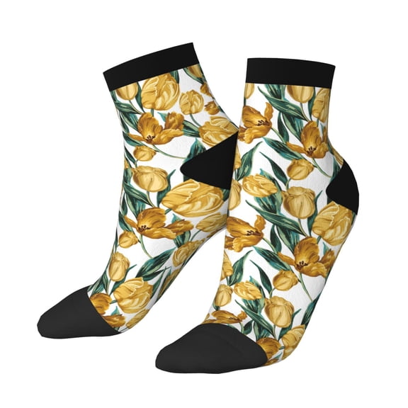 Uemuo Yellow Tulips Printed Crew Socks, Moisture-Wicking Socks, Athletic Socks for Men Breathable Cushion Socks Casual Sport Socks for Running Traveling