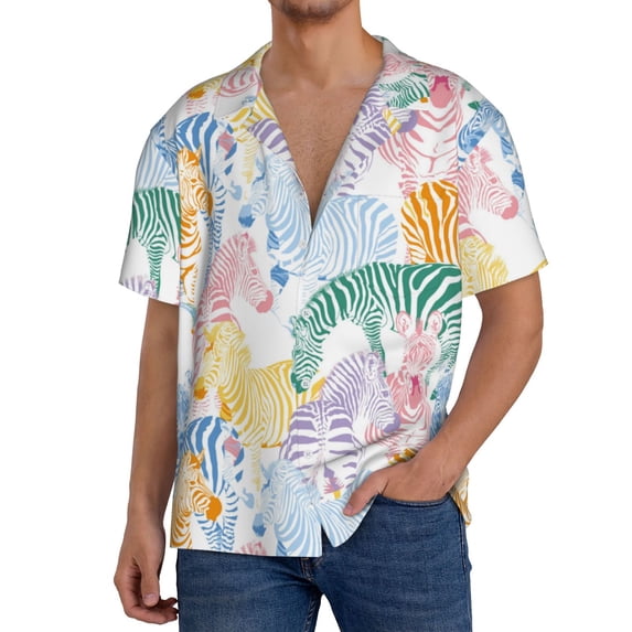 Uemuo Zebra Colourful Pattern Cotton Linen Short Sleeve Shirts,Casual Lightweight Button Down Shirts,Vacation Beach Summer Tops-