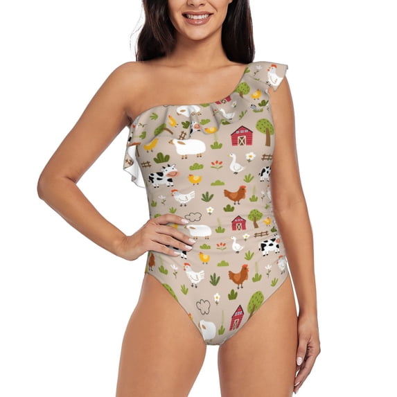 Uemuo animals farm Print Women's One Piece Swimsuit Asymmetrical Neck Bathing Suit One Shoulder Side Cutout Ruffle Swimwear-Medium