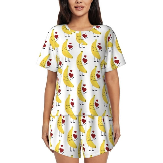Uemuo a banana blowing air kisses Pattern Women's Short-Sleeved Pajama, Button-Front Loungewear, 2-Piece Summer Sleepwear, Elastic Drawstring Shorts-3X-Large