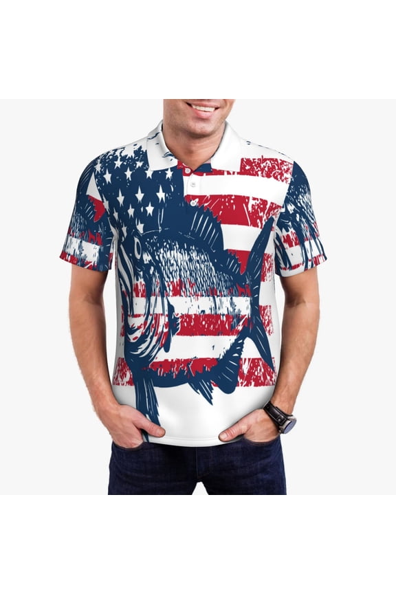 bass fish with the USA flag for Men’s Golf Shirt – Premium Pique Cotton Polo, Soft & Breathable Casual Short Sleeve Shirt, Comfortable Activewear for Sports & Leisure-Medium
