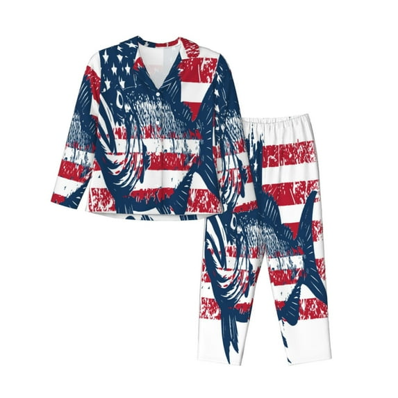 Uemuo bass fish with the USA flag Pattern Womens Pajama Sets,PJ Set for Women,Pajamas for Women Logo,Long Sleeve Pajama Set for Women,Soft Long Sleeve Top With Pants-XX-Large